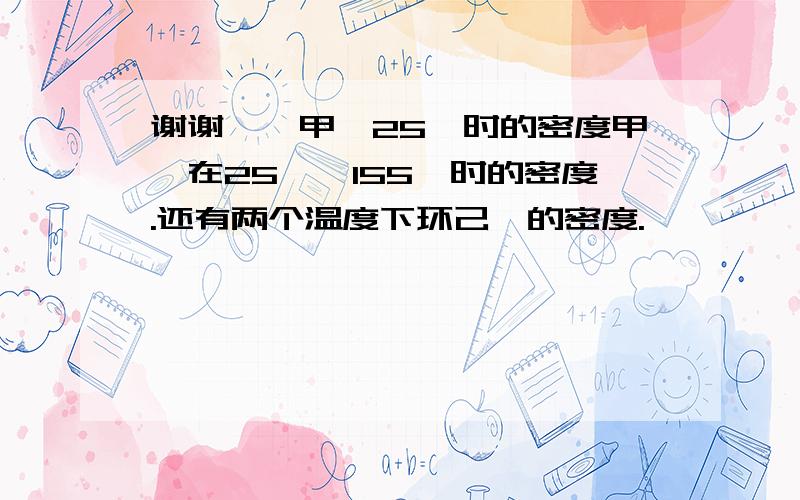 谢谢……甲苯25℃时的密度甲苯在25℃、155℃时的密度.还有两个温度下环己烷的密度.