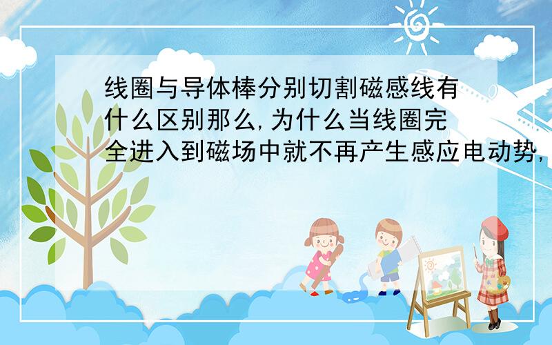 线圈与导体棒分别切割磁感线有什么区别那么,为什么当线圈完全进入到磁场中就不再产生感应电动势,可是导体棒却可以一直作切割磁感线运动且产生感应电动势呢(⊙o⊙)?（是不是跟穿过线