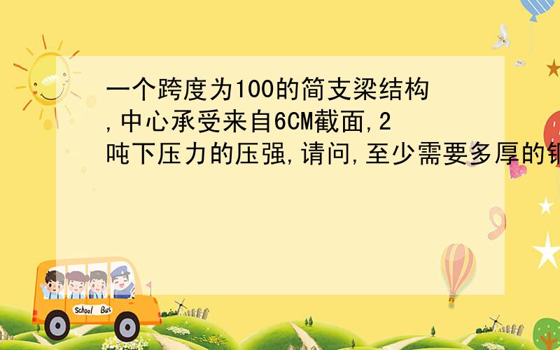 一个跨度为100的简支梁结构,中心承受来自6CM截面,2吨下压力的压强,请问,至少需要多厚的钢板才行.承重的钢板为Q235-A,跨度100cm.我的等级不够上传图片,所以给不了草图 如果可以,我们加QQ 我的