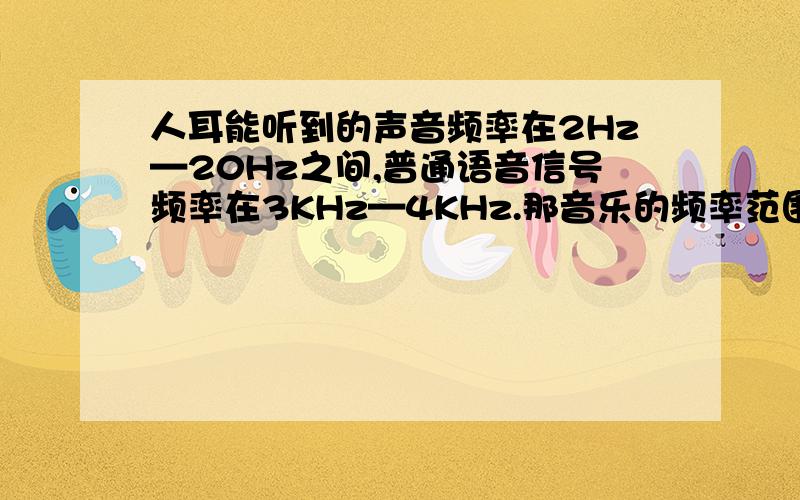 人耳能听到的声音频率在2Hz—20Hz之间,普通语音信号频率在3KHz—4KHz.那音乐的频率范围是多少呢?比如说普通歌曲、交响乐、轻音乐,由于乐器比较特殊,频率分别在哪个范围?同一首歌,不同音乐