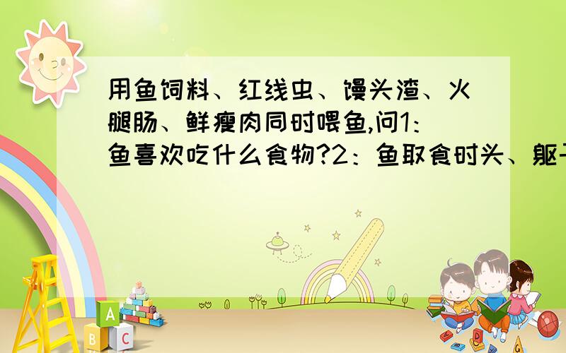 用鱼饲料、红线虫、馒头渣、火腿肠、鲜瘦肉同时喂鱼,问1：鱼喜欢吃什么食物?2：鱼取食时头、躯干、和尾鳍的动作配合?
