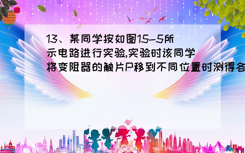 13、某同学按如图15-5所示电路进行实验,实验时该同学将变阻器的触片P移到不同位置时测得各电表的示数如下表所示序号   A1示数(安)   A2示数(安)   V1示数(伏)   V2示数(伏)   1   0.60   0.30   2.40