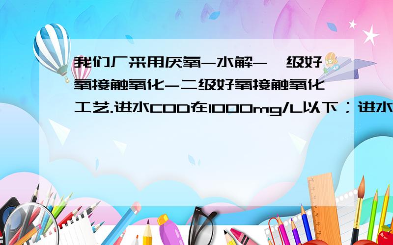 我们厂采用厌氧-水解-一级好氧接触氧化-二级好氧接触氧化工艺.进水COD在1000mg/L以下；进水氨氮50mg/L；BOD5/COD在0.35以上.出水氨氮无法达标,