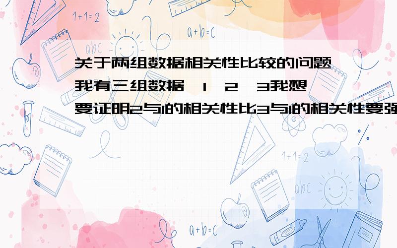 关于两组数据相关性比较的问题我有三组数据,1,2,3我想要证明2与1的相关性比3与1的相关性要强,该怎么做呢?谁有这方面的实证文章,发我一篇参考下吧,谢啦!janeeyer005@163.com而且，1是自变量，2