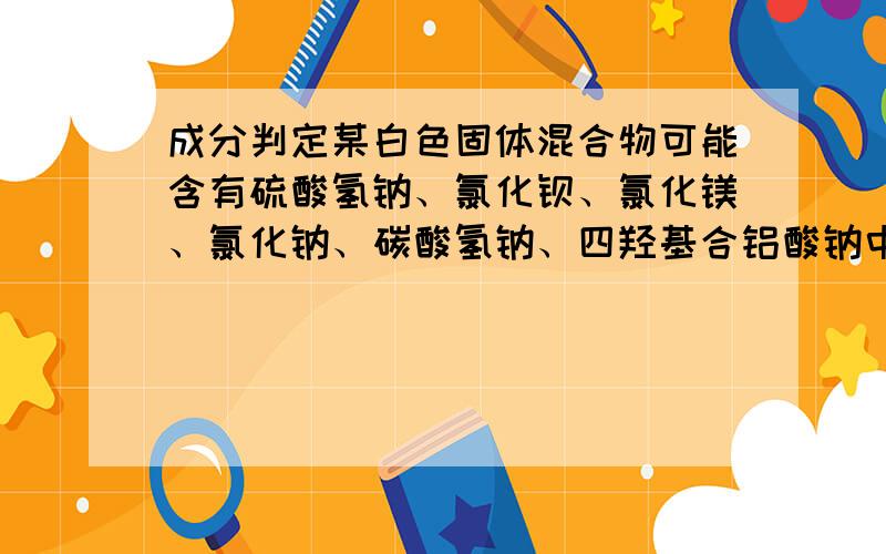 成分判定某白色固体混合物可能含有硫酸氢钠、氯化钡、氯化镁、氯化钠、碳酸氢钠、四羟基合铝酸钠中的一种或几种,对试样进行检测,有如下的实验现象：1.取少量该固体物质,加水溶解,最