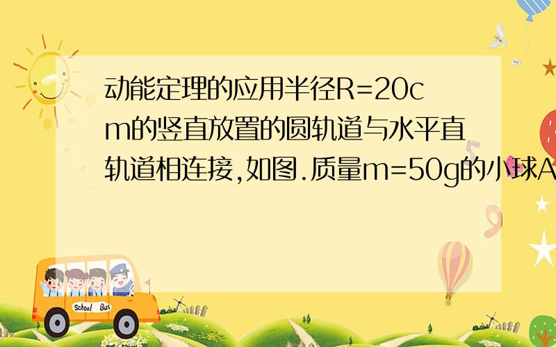 动能定理的应用半径R=20cm的竖直放置的圆轨道与水平直轨道相连接,如图.质量m=50g的小球A以一定的初速度由直轨道向左运动,并沿圆轨道的内壁冲上去,如果A经过N点时的速度v1=4m/s,A经过轨道最