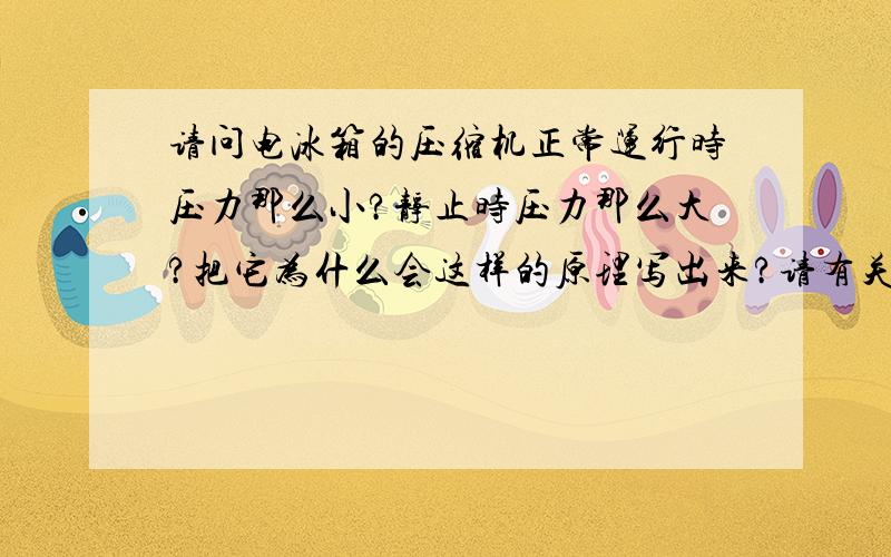 请问电冰箱的压缩机正常运行时压力那么小?静止时压力那么大?把它为什么会这样的原理写出来?请有关的专业人士回答。