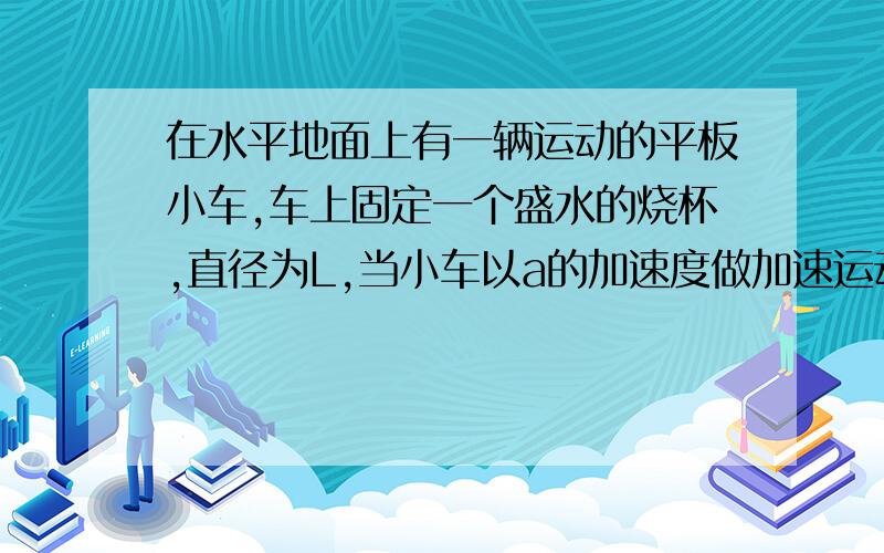 在水平地面上有一辆运动的平板小车,车上固定一个盛水的烧杯,直径为L,当小车以a的加速度做加速运动时,小车的加速度方向是?烧杯左右夜面的高度差为多少?为什么小车加速度方向是向右的?