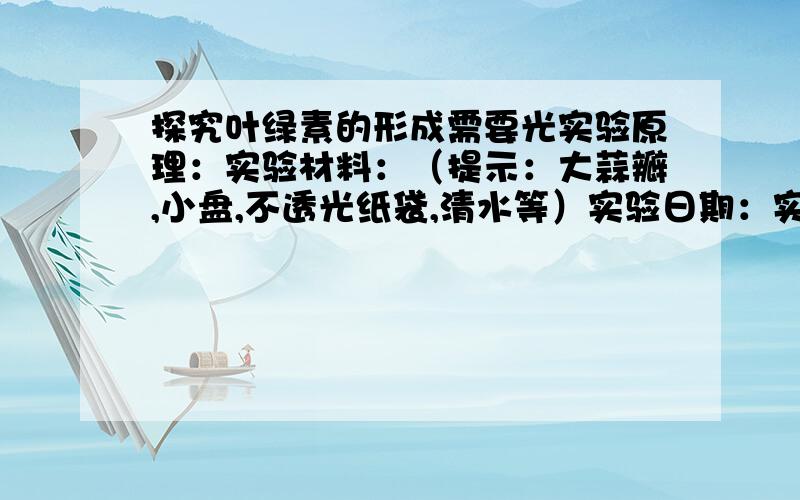 探究叶绿素的形成需要光实验原理：实验材料：（提示：大蒜瓣,小盘,不透光纸袋,清水等）实验日期：实验结果：我草拟了一份方案,实验原理：植物通过光合作用,在光照射下可把二氧化碳