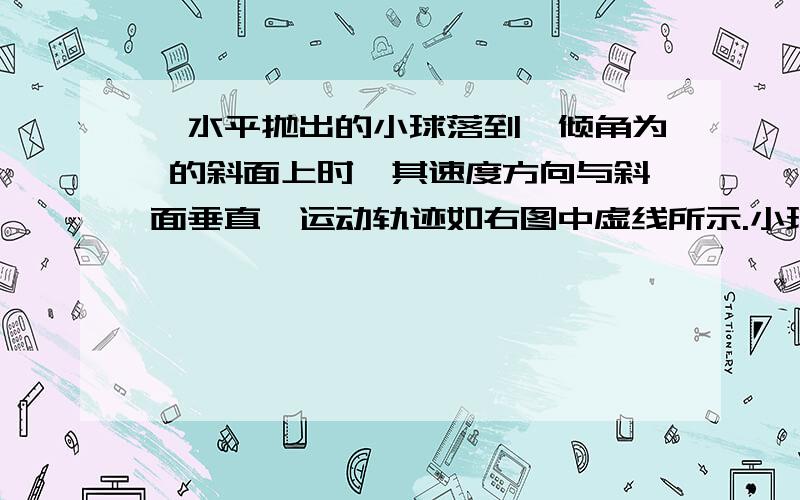 一水平抛出的小球落到一倾角为 的斜面上时,其速度方向与斜面垂直,运动轨迹如右图中虚线所示.小球在竖直向在竖直方向下落的距离与在水平方向通过的距离之比为