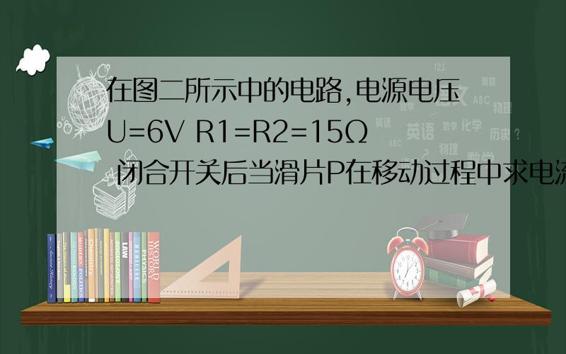 在图二所示中的电路,电源电压U=6V R1=R2=15Ω 闭合开关后当滑片P在移动过程中求电流表和电压表的变化范围