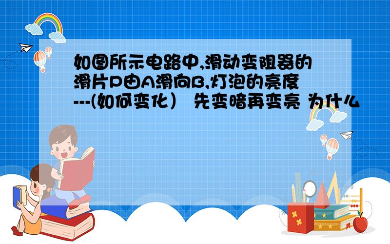 如图所示电路中,滑动变阻器的滑片P由A滑向B,灯泡的亮度---(如何变化） 先变暗再变亮 为什么