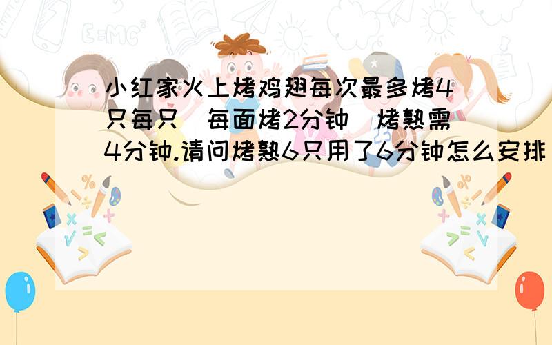 小红家火上烤鸡翅每次最多烤4只每只（每面烤2分钟)烤熟需4分钟.请问烤熟6只用了6分钟怎么安排