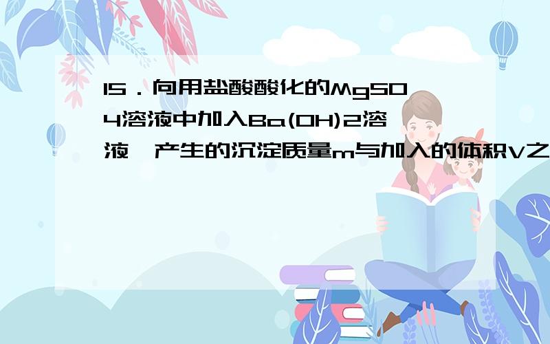 15．向用盐酸酸化的MgSO4溶液中加入Ba(OH)2溶液,产生的沉淀质量m与加入的体积V之间的关系,关于下图曲线的推测正确的是A．ab段产生的沉淀为硫酸钡 B．ab产生段的沉淀为氢氧化镁 C．bc段产生