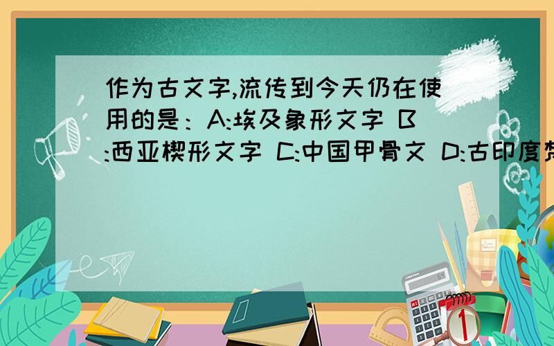 作为古文字,流传到今天仍在使用的是：A:埃及象形文字 B:西亚楔形文字 C:中国甲骨文 D:古印度梵文