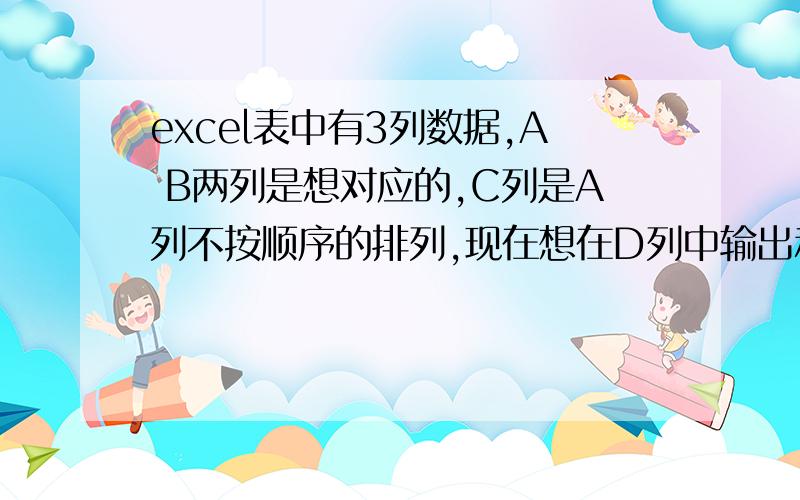 excel表中有3列数据,A B两列是想对应的,C列是A列不按顺序的排列,现在想在D列中输出和B列相对应的数据前提是不改变C列的数据,然后在D列输出与像A B列这样对应的数据（D列数据是B列的数据）