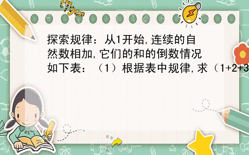 探索规律：从1开始,连续的自然数相加,它们的和的倒数情况如下表：（1）根据表中规律,求（1+2+3+···+10）分之1=_______（2）根据表中规律,则（1+2+3+4+···+n）分之1=_______（3）求（1+2）分之1+