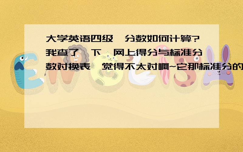 大学英语四级,分数如何计算?我查了一下,网上得分与标准分数对换表,觉得不太对啊~它那标准分的总分加起来都超了710了~到底是怎么算的?应该怎么算呢?我说的是新四级,