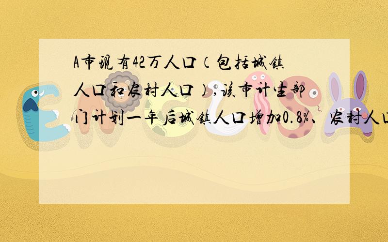 A市现有42万人口（包括城镇人口和农村人口）,该市计生部门计划一年后城镇人口增加0.8%、农村人口增加1.1%,这样全市人口将增加1%,这个城市现有城镇人口数和农村人口数（初一数学）不要用