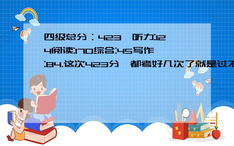 四级总分：423,听力:124阅读:170综合:45写作:84.这次423分,都考好几次了就是过不了啊,424分也考过!说来真悲催是不是听力差很多啊?阅读呢