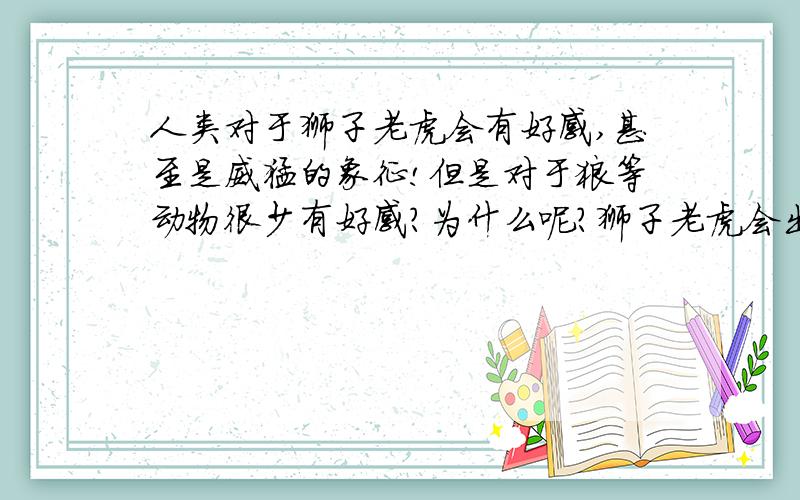 人类对于狮子老虎会有好感,甚至是威猛的象征!但是对于狼等动物很少有好感?为什么呢?狮子老虎会出现在赞美,公司标志等形象中!豹子好像也不坏!狼皮毛的颜色,体型大小等!