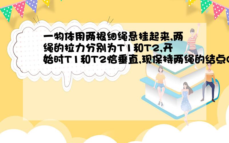 一物体用两根细绳悬挂起来,两绳的拉力分别为T1和T2,开始时T1和T2恰垂直,现保持两绳的结点O点不动,改变T1的方向,则A.T1向X轴靠近时T1减小T2增大 B.T1向X轴靠近时T1,T2都增大 C.T1向Y轴靠近时T1,T2