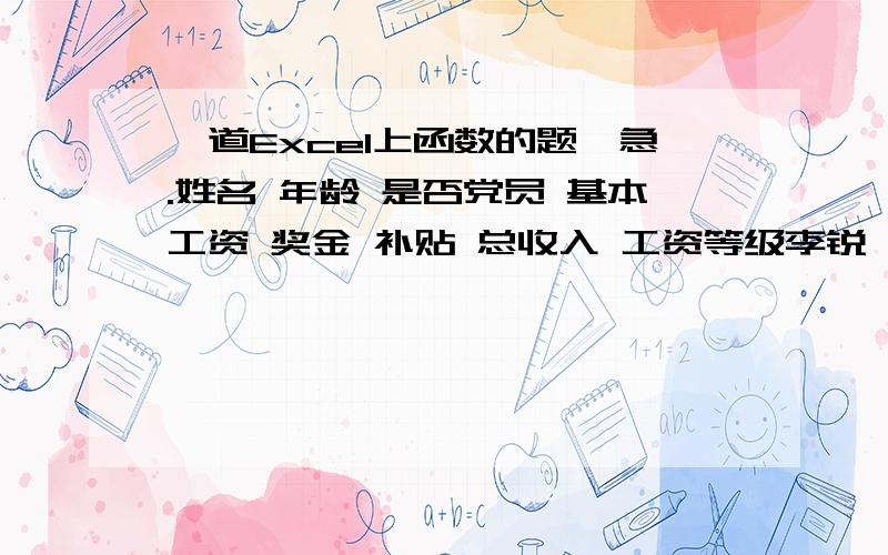 一道Excel上函数的题,急.姓名 年龄 是否党员 基本工资 奖金 补贴 总收入 工资等级李锐 34 否 980 439 200\x05\x05张艺琪 31 是 970 562 243\x05\x05王希 25 是 950 733 421\x05\x05张小飞 50 否 770 582 238\x05\x05陈