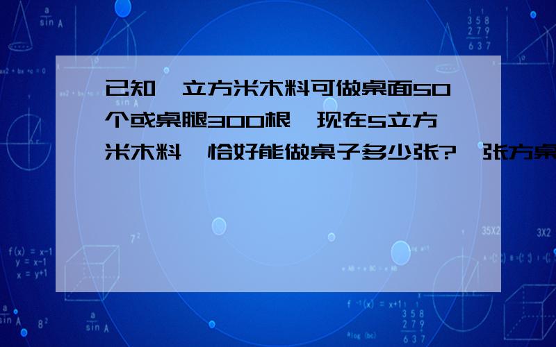 已知一立方米木料可做桌面50个或桌腿300根,现在5立方米木料,恰好能做桌子多少张?一张方桌由一张桌面和四根桌腿做成,完整