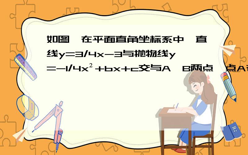 如图,在平面直角坐标系中,直线y=3/4x-3与抛物线y=-1/4x²+bx+c交与A、B两点,点A在x轴上,点B的横坐标为-8.点P是直线AB上方的抛物线上一动点（不与A、B重合）,过点P作x轴的垂线,垂足为C,交直线AB