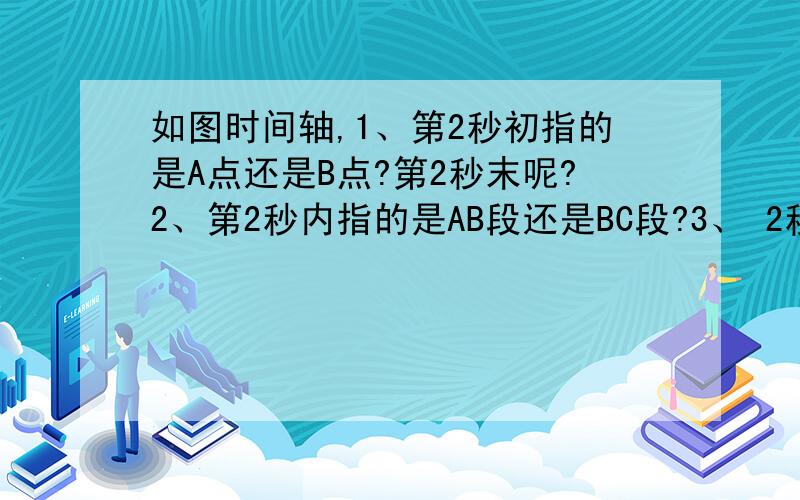 如图时间轴,1、第2秒初指的是A点还是B点?第2秒末呢?2、第2秒内指的是AB段还是BC段?3、 2秒内和第2秒内是一样的意思吗?