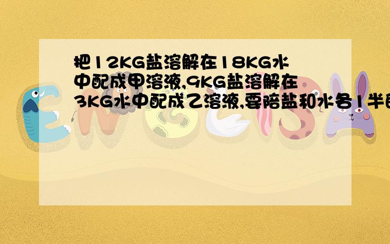 把12KG盐溶解在18KG水中配成甲溶液,9KG盐溶解在3KG水中配成乙溶液,要陪盐和水各1半的溶液14KG,要甲乙溶液多少KG