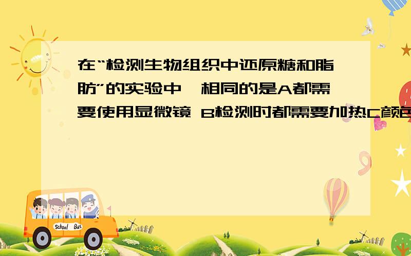 在“检测生物组织中还原糖和脂肪”的实验中,相同的是A都需要使用显微镜 B检测时都需要加热C颜色反应完全相同 D都可以不用制片检测脂肪可以不加热吗?不加制片，不是不加热输错了