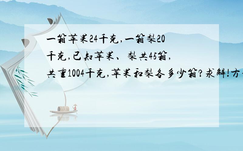 一箱苹果24千克,一箱梨20千克,已知苹果、梨共45箱,共重1004千克,苹果和梨各多少箱?求解!方程