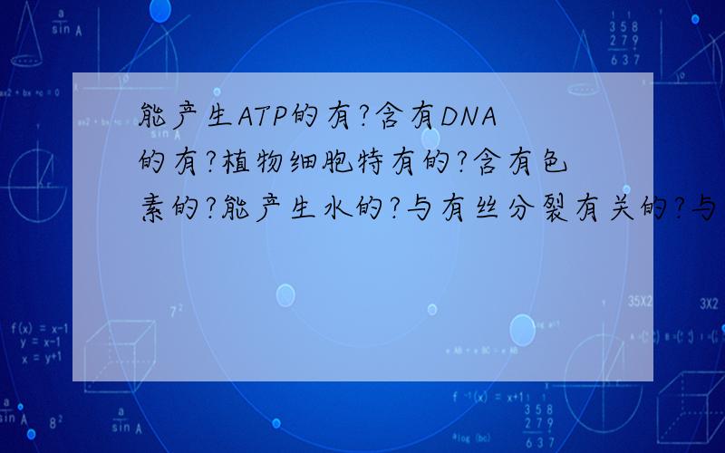 能产生ATP的有?含有DNA的有?植物细胞特有的?含有色素的?能产生水的?与有丝分裂有关的?与免疫有关的?与分泌蛋白有关的?与渗透作用有关的有?在高等动植物细胞有丝分裂中功能上有明显区别