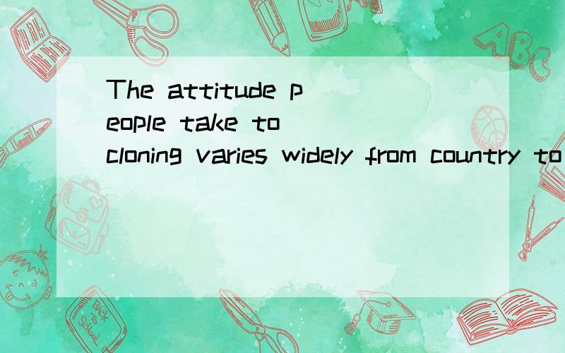 The attitude people take to cloning varies widely from country to country.翻译