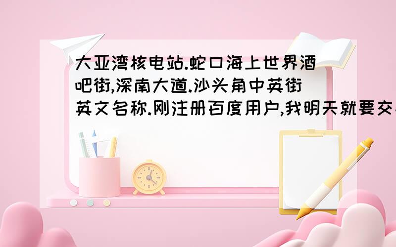 大亚湾核电站.蛇口海上世界酒吧街,深南大道.沙头角中英街英文名称.刚注册百度用户,我明天就要交搞.