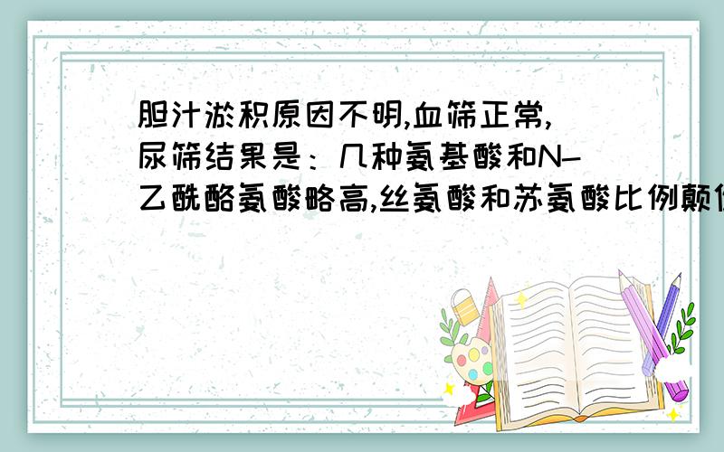 胆汁淤积原因不明,血筛正常,尿筛结果是：几种氨基酸和N-乙酰酪氨酸略高,丝氨酸和苏氨酸比例颠倒