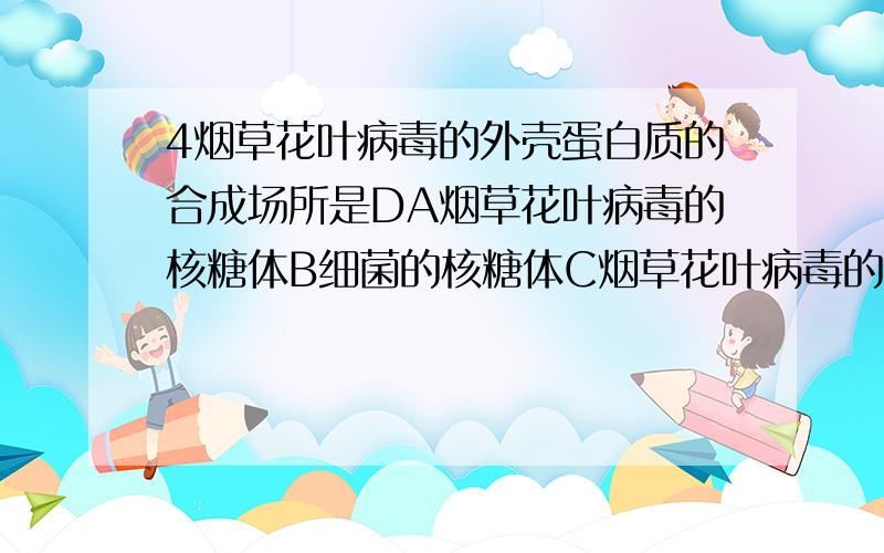 4烟草花叶病毒的外壳蛋白质的合成场所是DA烟草花叶病毒的核糖体B细菌的核糖体C烟草花叶病毒的基质D烟草叶的核糖体为什么?