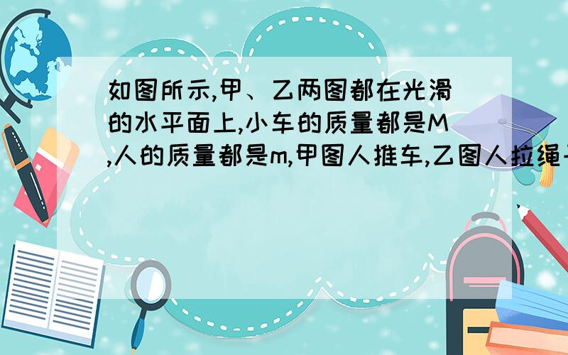 如图所示,甲、乙两图都在光滑的水平面上,小车的质量都是M,人的质量都是m,甲图人推车,乙图人拉绳子的力都是F,（绳与轮的质量和摩擦均不计）,对于甲、乙两车的加速度大小说法正确的是[