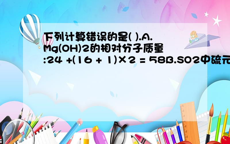 下列计算错误的是( ).A.Mg(OH)2的相对分子质量:24 +(16 + 1)×2 = 58B.SO2中硫元素与氧元素的质量比:1:1下列计算错误的是( )A.Mg(OH)2的相对分子质量:24 +(16 + 1)×2 = 58B.SO2中硫元素与氧元素的质量比:1:1C.N