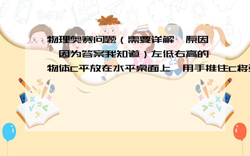 物理奥赛问题（需要详解、原因,因为答案我知道）左低右高的物体C平放在水平桌面上,用手推住C将弹簧压紧,木块A、B静止在C上（如图）松开手以后,木块A的运动情况是_____,木块B的运动情况