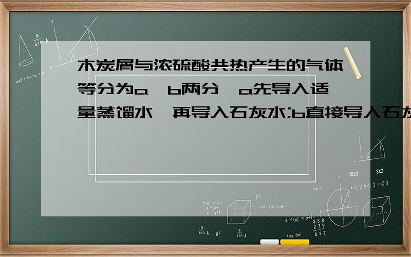 木炭屑与浓硫酸共热产生的气体等分为a,b两分,a先导入适量蒸馏水,再导入石灰水;b直接导入石灰水,则石灰水的变化可能是:A.a不变浑浊,b变浑浊 B.a不变浑浊,b变浅黄色C.a变浑浊,b变浑浊 D.a变浑