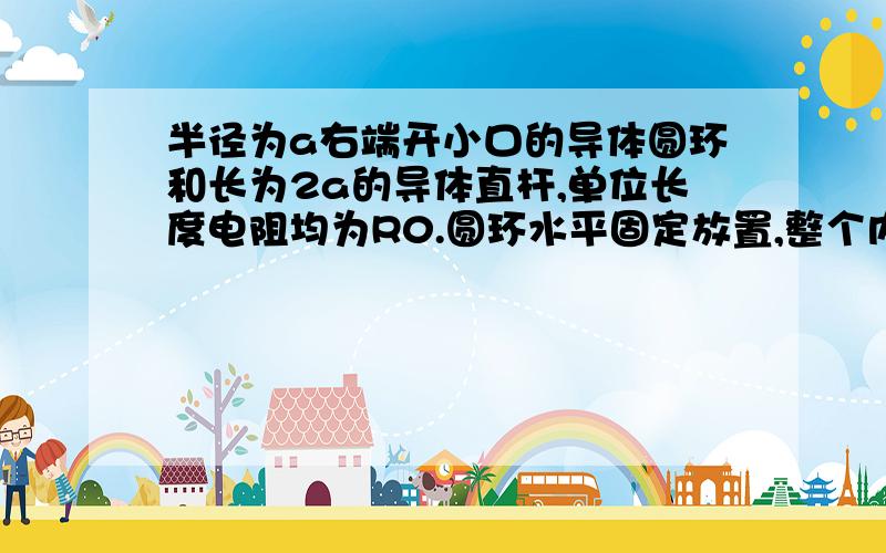 半径为a右端开小口的导体圆环和长为2a的导体直杆,单位长度电阻均为R0.圆环水平固定放置,整个内部区域分布着竖直向下的匀强磁场,磁感应强度为B.杆在圆环上以速度v平行于直径CD向右做匀