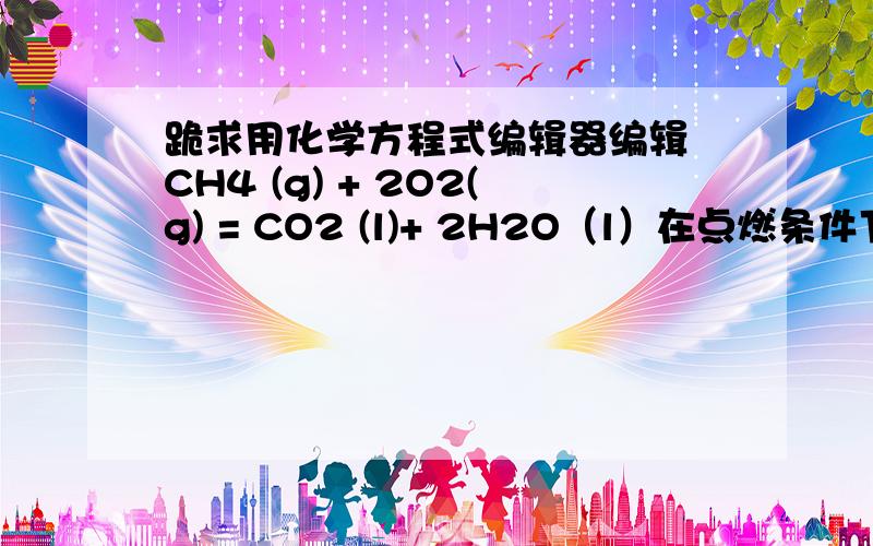 跪求用化学方程式编辑器编辑 CH4 (g) + 2O2(g) = CO2 (l)+ 2H2O（l）在点燃条件下的化学方程式以及CH4 + Cl2 = CH3Cl + HClCH3Cl + Cl2 = CH2Cl2 + HClCH2Cl2 + Cl2 = CHCl3 + HClCHCl3 + Cl2 = CCl4 + HCl 在光照下的化学方程