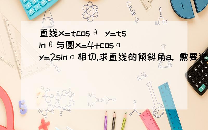 直线x=tcosθ y=tsinθ与圆x=4+cosα y=2sinα相切,求直线的倾斜角a. 需要详细过程求得是倾斜角求得是倾斜角直θ