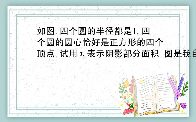 如图,四个圆的半径都是1,四个圆的圆心恰好是正方形的四个顶点,试用π表示阴影部分面积.图是我自己做的和题目不像,但应该看得懂.