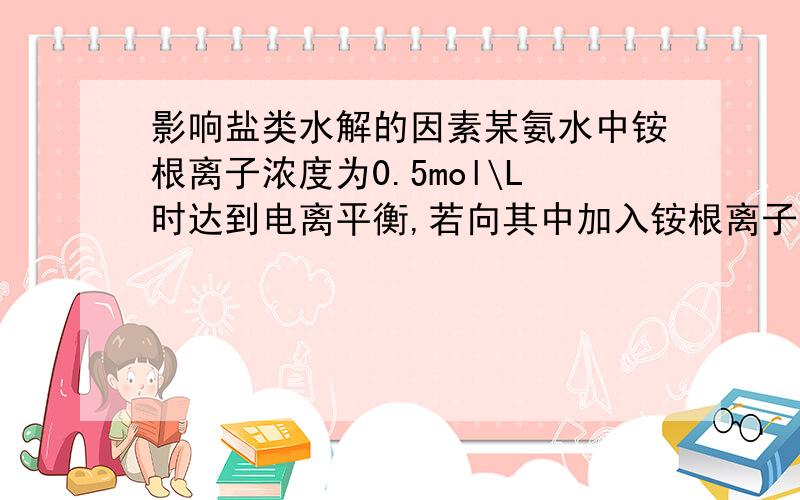 影响盐类水解的因素某氨水中铵根离子浓度为0.5mol\L时达到电离平衡,若向其中加入铵根离子浓度为0.5mol\L的氯化铵溶液后,氨水的电离程度将?为什么?