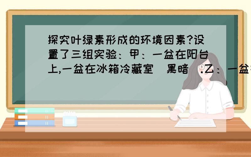 探究叶绿素形成的环境因素?设置了三组实验：甲：一盆在阳台上,一盆在冰箱冷藏室（黑暗）.乙：一盆在阳台上,一盆用铁盒扣严.丙：一盆在阳台上,一盆用纸箱扣住.这三组实验设计哪一组最