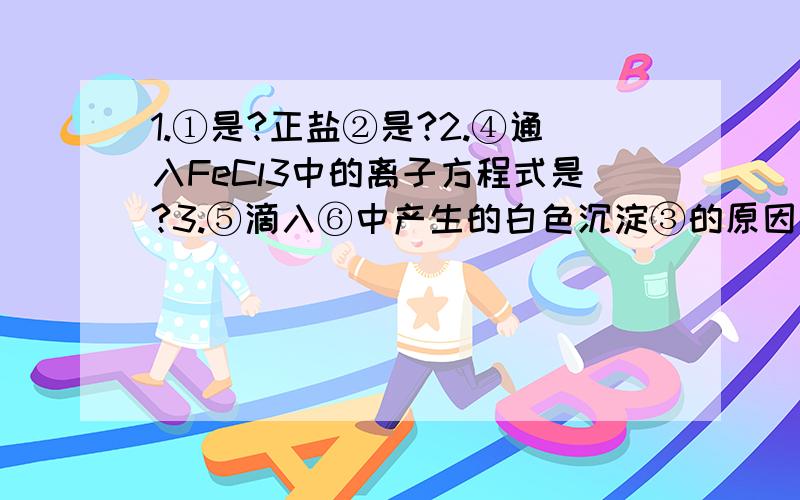 1.①是?正盐②是?2.④通入FeCl3中的离子方程式是?3.⑤滴入⑥中产生的白色沉淀③的原因是?4.若将NaHCO3滴入⑥中能否产生③?