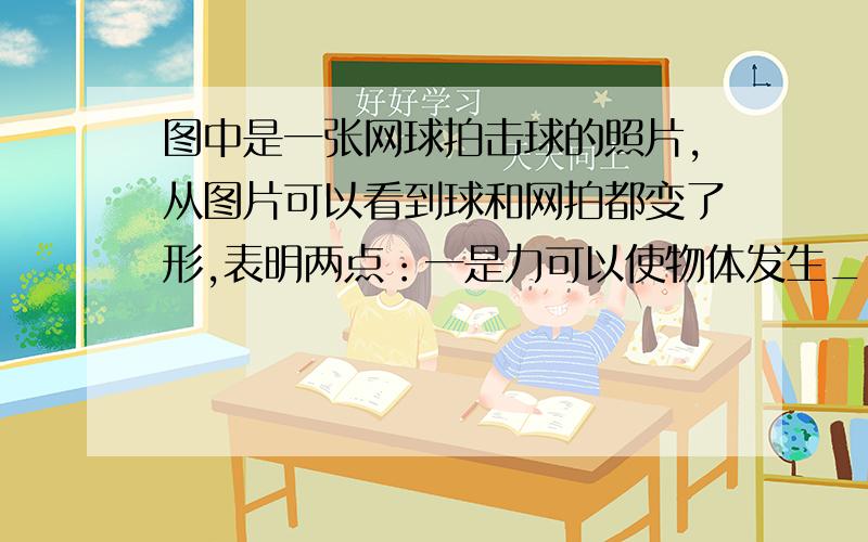 图中是一张网球拍击球的照片,从图片可以看到球和网拍都变了形,表明两点：一是力可以使物体发生_________